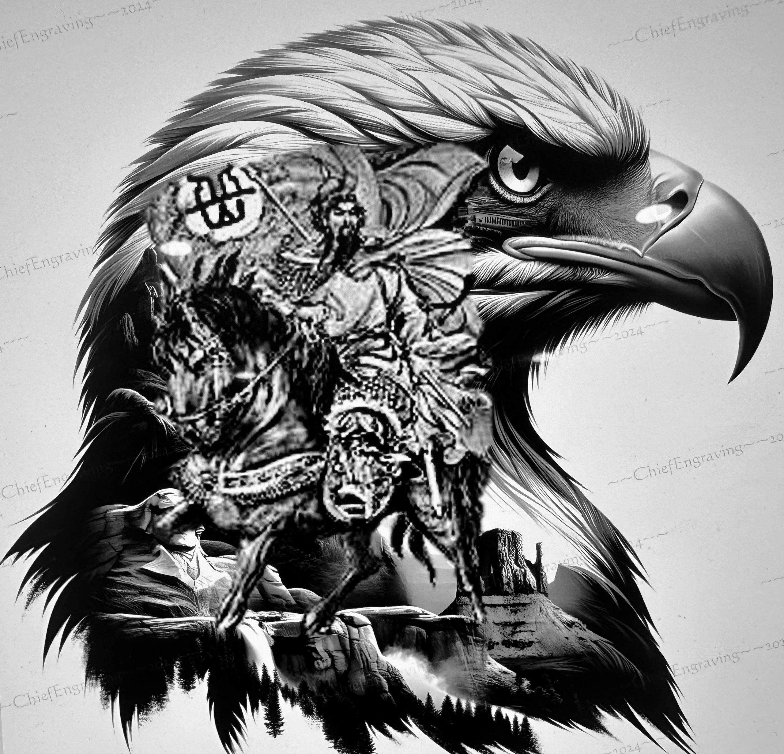 Bald eagle double-exposure engraving — art by Master Walth