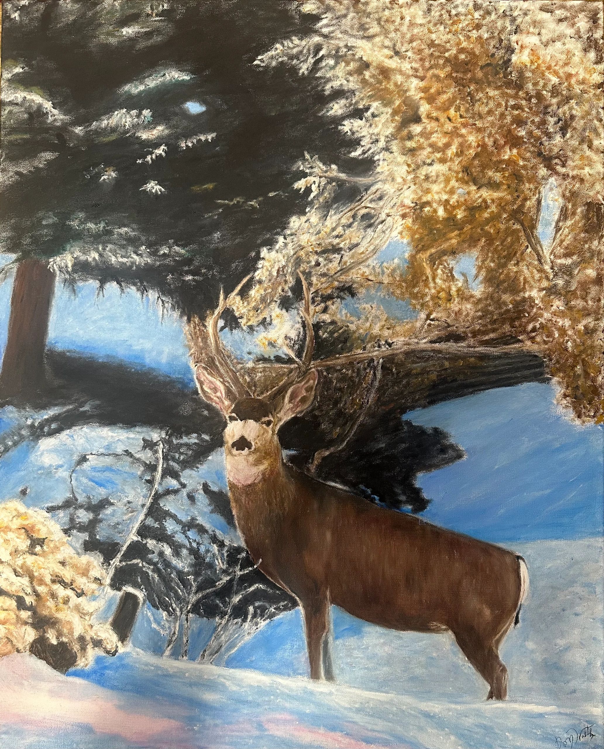 Deer in winter landscape oil painting — art by Master Walth